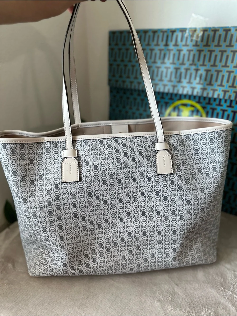 Tory Burch White & Light Blue Logo Stripe Tote